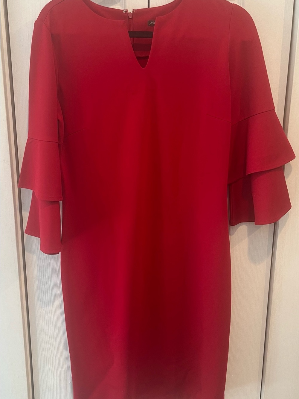 Jay McLachlan Women's Red Midi Dress with Tiered Ruffle Sleeves Sz S